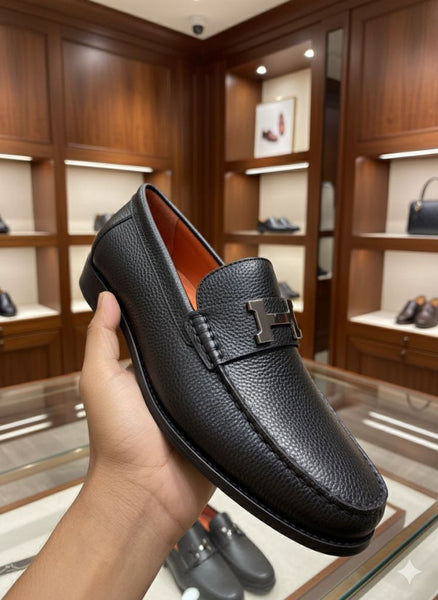Premium Black Leather Shoes  with Signature Metal H Buckle