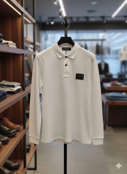 Premium Designer White  Long-Sleeve Polo Shirt
