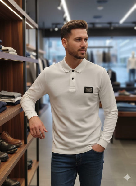 Premium Designer White  Long-Sleeve Polo Shirt