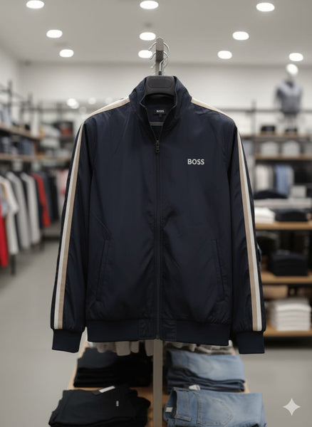 Luxury Navy Track Jacket with Contrast Stripe Details