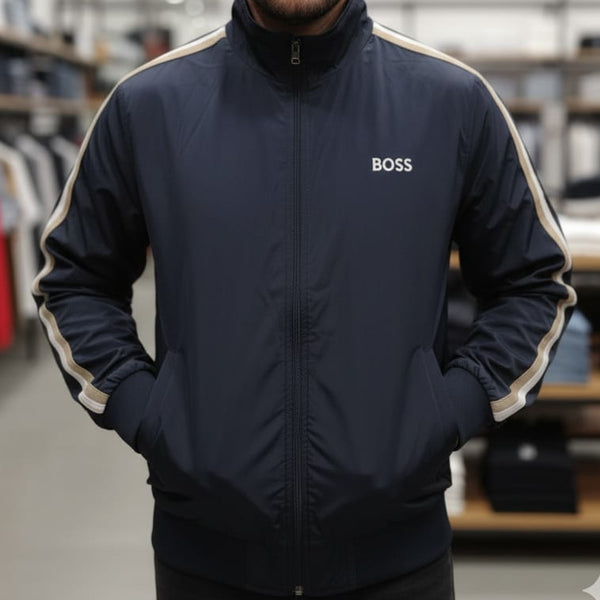 Luxury Navy Track Jacket with Contrast Stripe Details