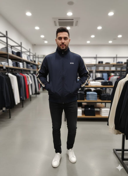 Luxury Navy Track Jacket with Contrast Stripe Details