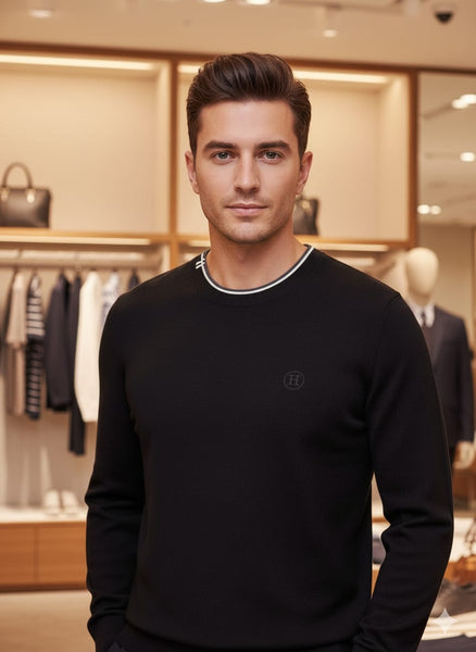 Classic Black Crewneck Sweater with Contrast Trim
