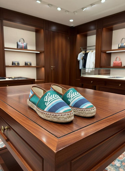 Premium Green Canvas Espadrilles with Script Logo & Striped Toe