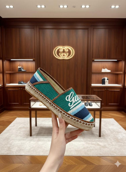 Premium Green Canvas Espadrilles with Script Logo & Striped Toe