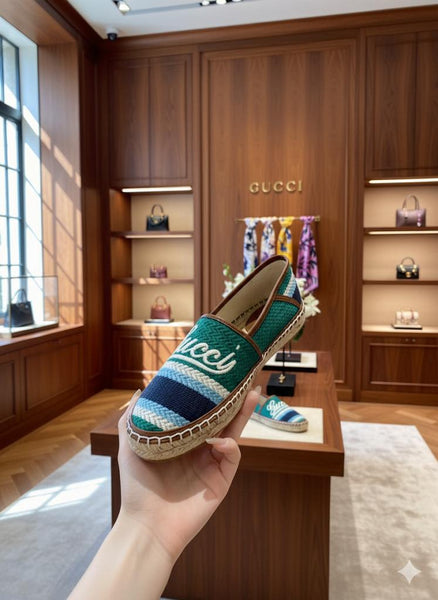 Premium Green Canvas Espadrilles with Script Logo & Striped Toe