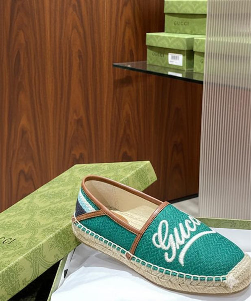 Premium Green Canvas Espadrilles with Script Logo & Striped Toe