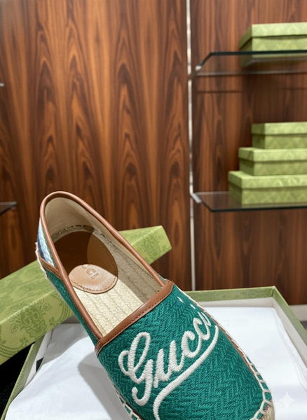 Premium Green Canvas Espadrilles with Script Logo & Striped Toe