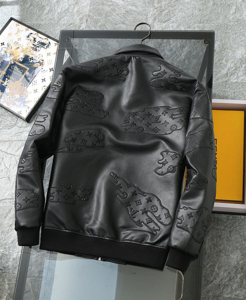 Designer Black Leather Jacket with Embossed Cloud Pattern
