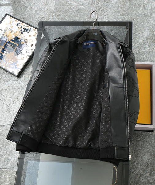 Designer Black Leather Jacket with Embossed Cloud Pattern