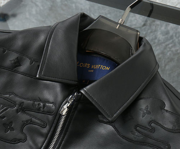 Designer Black Leather Jacket with Embossed Cloud Pattern