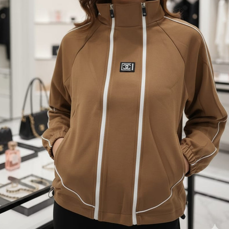 Premium Style Tan Track Jacket with White Piping