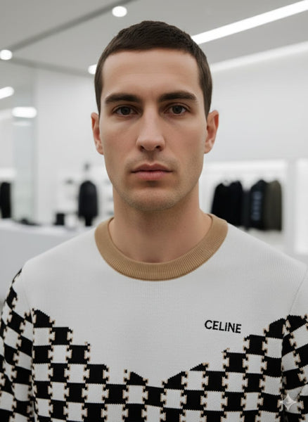 Imported Style Black & White Checkerboard Knit Sweater