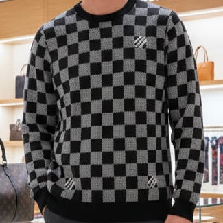Knit Sweater with Checkerboard Pattern and Signature Logo