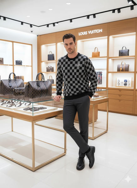 Knit Sweater with Checkerboard Pattern and Signature Logo