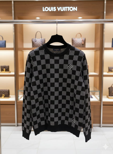 Knit Sweater with Checkerboard Pattern and Signature Logo