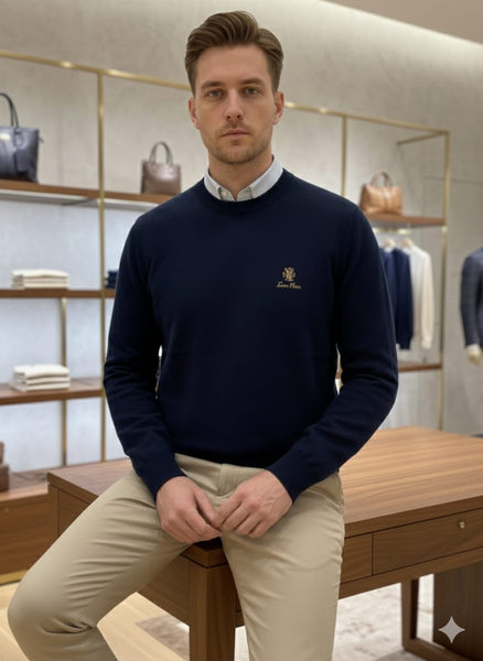 Luxury Navy Blue Crewneck Sweatshirt with Signature Crest