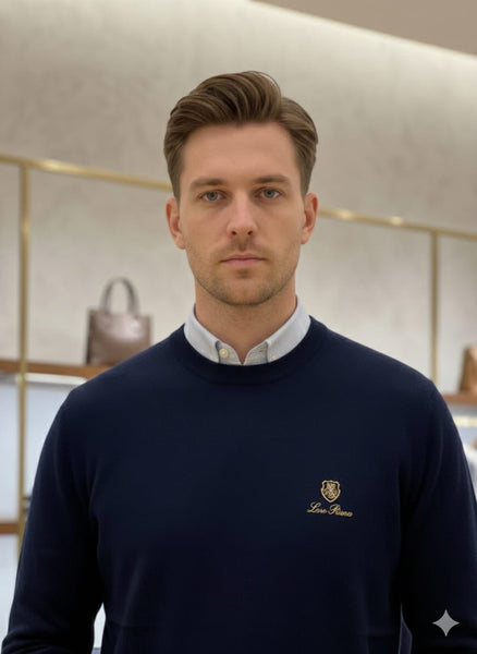 Luxury Navy Blue Crewneck Sweatshirt with Signature Crest