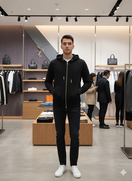 Classic Black Zip-Up Hoodie with Embossed Logo