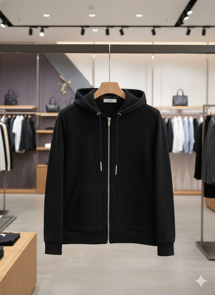 Classic Black Zip-Up Hoodie with Embossed Logo