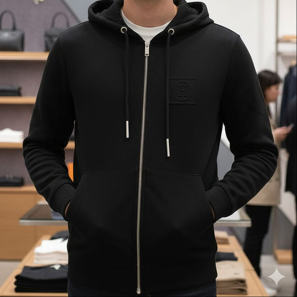Classic Black Zip-Up Hoodie with Embossed Logo