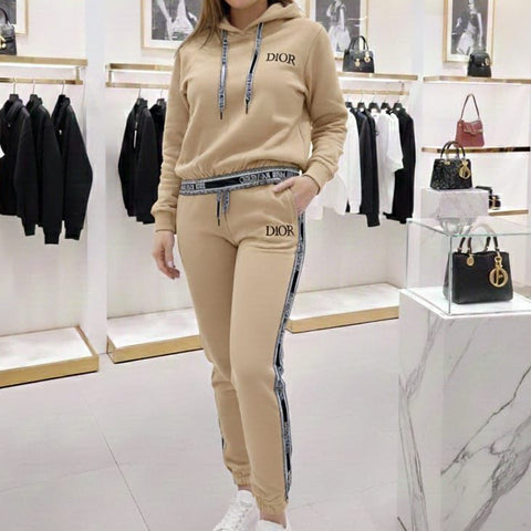 Luxury Beige Tracksuit Set with Contrast Trim Logo