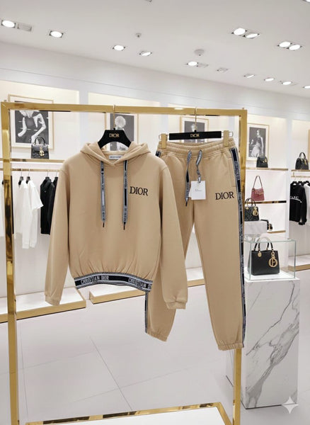 Luxury Beige Tracksuit Set with Contrast Trim Logo