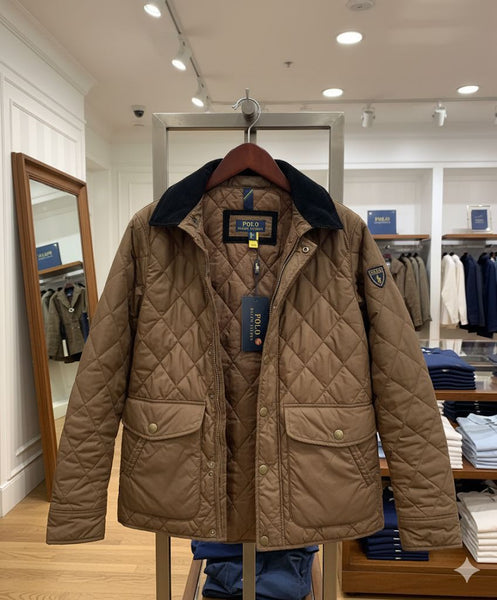 Classic Quilted Brown Jacket with Corduroy Collar – Premium Winter Wear