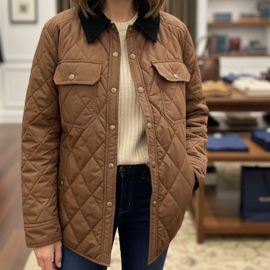 Classic Quilted Brown Jacket with Corduroy Collar – Premium Winter Wear