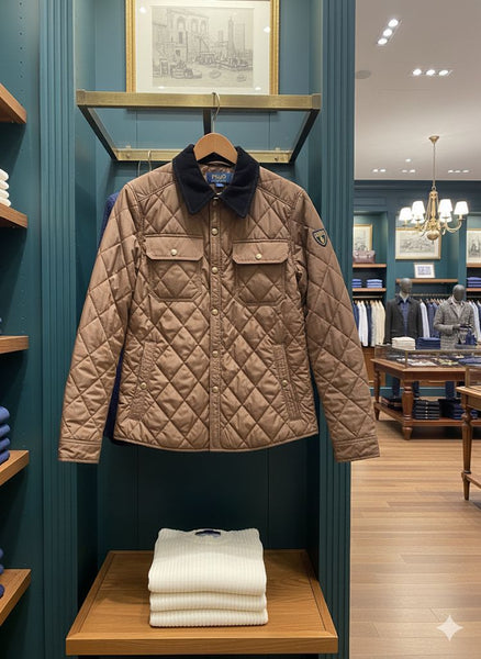 Classic Quilted Brown Jacket with Corduroy Collar – Premium Winter Wear