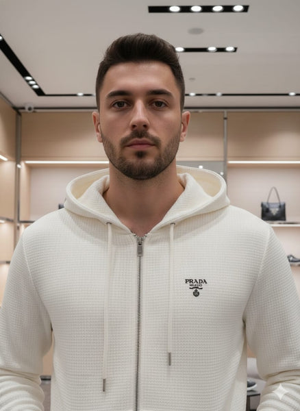 Luxury White Textured Zip-Up Hoodie