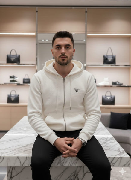 Luxury White Textured Zip-Up Hoodie