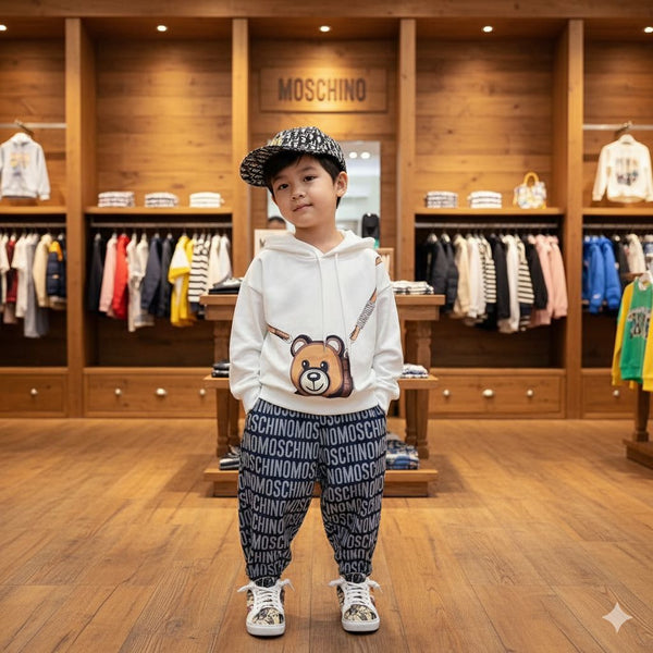 Cute Teddy Hoodie & Printed Jogger Set Stylish & Comfy for Kids