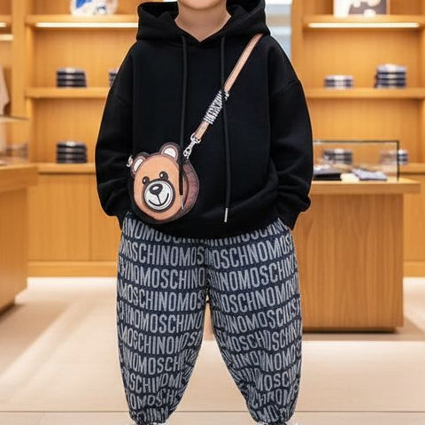 Cute Teddy Hoodie & Printed Jogger Set Stylish & Comfy for Kids