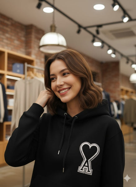 Luxury Black Heart Logo Women’s Hoodie – Stylish & Cozy