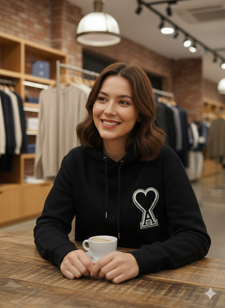 Luxury Black Heart Logo Women’s Hoodie – Stylish & Cozy