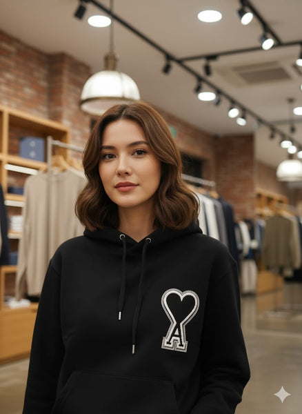 Luxury Black Heart Logo Women’s Hoodie – Stylish & Cozy