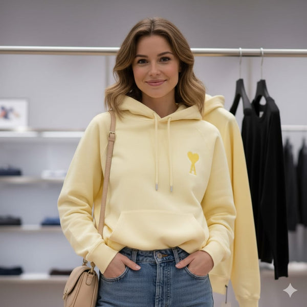 Premium Elegant Heart-Embroidered  Yellow Hoodie for Women