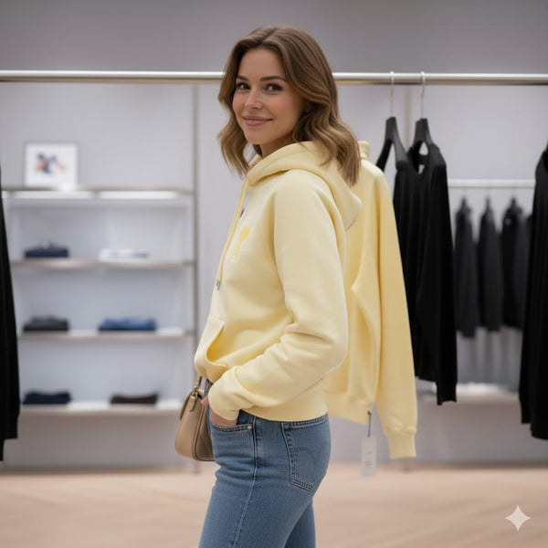 Premium Elegant Heart-Embroidered  Yellow Hoodie for Women