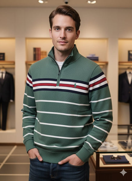 Classic Green Striped Half-Zip Pullover – Smart, Cozy & Stylish
