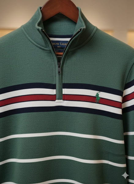 Classic Green Striped Half-Zip Pullover – Smart, Cozy & Stylish