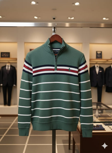 Classic Green Striped Half-Zip Pullover – Smart, Cozy & Stylish
