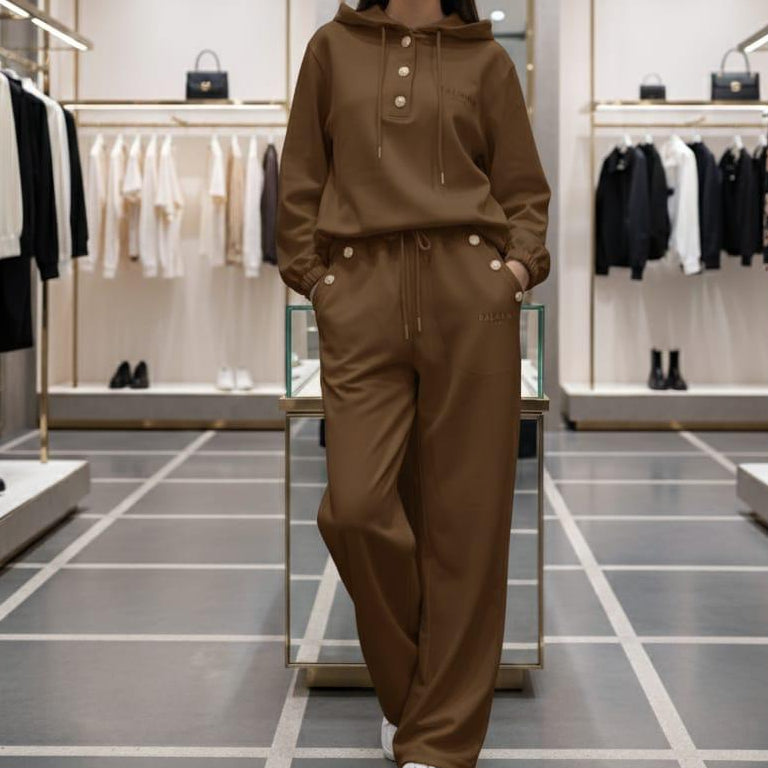 Luxe Brown Casual Tracksuit Set with Button Detail