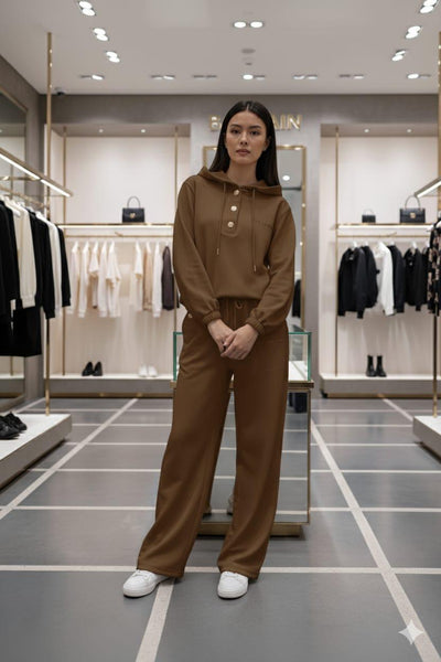Luxe Brown Casual Tracksuit Set with Button Detail
