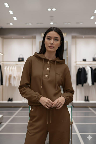 Luxe Brown Casual Tracksuit Set with Button Detail