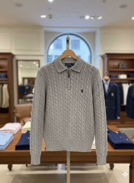 Elegant Grey Knitted Polo Pullover