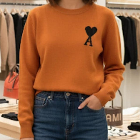 Rust Orange Knit Sweater with Signature Heart “A” Patch