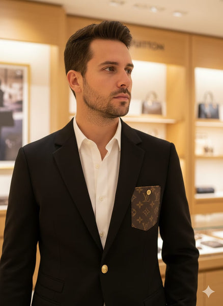 Luxury Black Blazer with Signature Monogram Pocket