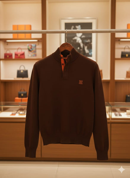 Classic Brown Knit Pullover with Contrast Collar Detailing