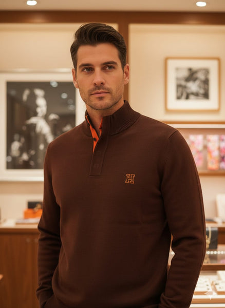 Classic Brown Knit Pullover with Contrast Collar Detailing